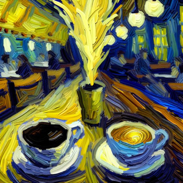 Beslissingsmoment: Koffie of thee kiezen in Van Gogh-stijl Twee dampende kopjes, koffie en thee, op een levendig Van Gogh-achtig cafétafeltje met een hand die een keuze maakt tussen beide