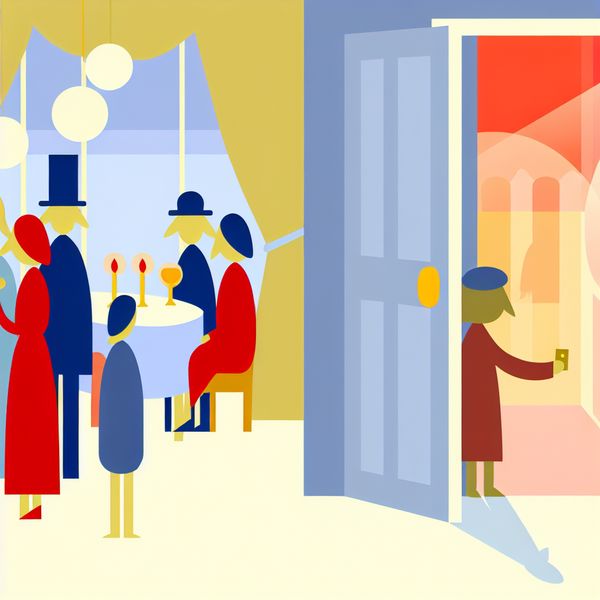 Besloten bijeenkomst met exclusieve uitnodiging - taal leren Nederlands Minimalistische illustratie van een besloten feestje met een uitgestoken hand die een gouden uitnodiging vasthoudt, terwijl de deur op een kier staat