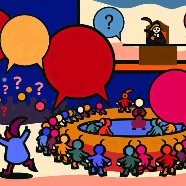 Besluitvorming en discussie in cartoonstijl Minimalistische illustratie van kleurrijke cartoonachtige figuren in levendige discussie met een bezorgde figuur aan een tafel op de achtergrond.