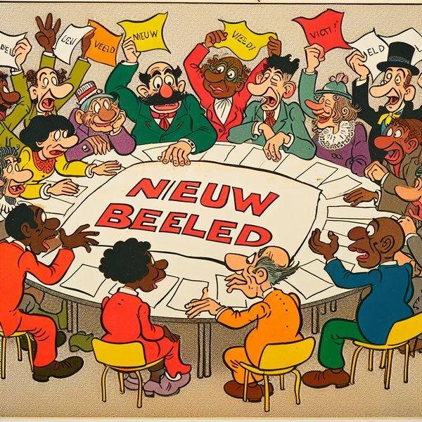 Cartoon Besluitvorming: Diverse Figuren Bespreken Nieuwe Ideeën Een groep diverse cartoonfiguren rondom een grote tafel, betrokken bij een energieke discussie over ideeën met kleurrijke papieren en stemkaarten.