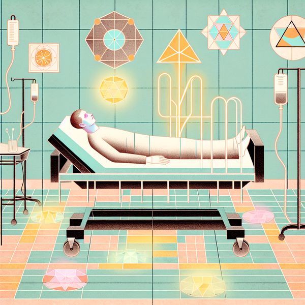 Illustratie besmettelijke aandoening: ziektebeeld in ziekenhuissetting Zieke persoon in minimalistisch ziekenhuisbed met medische apparatuur, illustratie van besmettelijke aandoening in retro-futuristische stijl