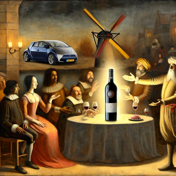 17e-eeuwse scène in Rembrandt-stijl met een sommelier die een fles premium rode wijn presenteert aan verfijnde gasten, met een moderne hybride auto en Nederlandse windmolen op de achtergrond als symbool van duurzaamheid en de beste keuze