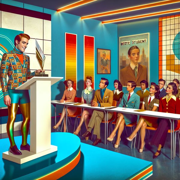 Beste Student Ontvangt Award in Retro-Futuristisch Klaslokaal Een student ontvangt een prijs voor academische excellentie in een retro-futuristisch klaslokaal, omringd door bewonderende medestudenten.