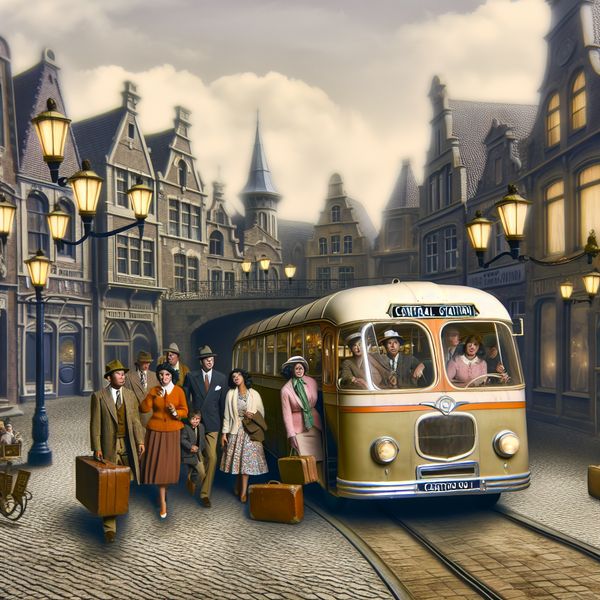 Vintage bus met bestemming Centraal Station in nostalgische stadsscène met reizigers uit de jaren 50
