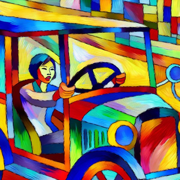 Abstracte voorstelling van een persoon die zelfverzekerd een grote, kleurrijke vrachtwagen bestuurt door druk stadsverkeer in expressieve stijl van Karel Appel