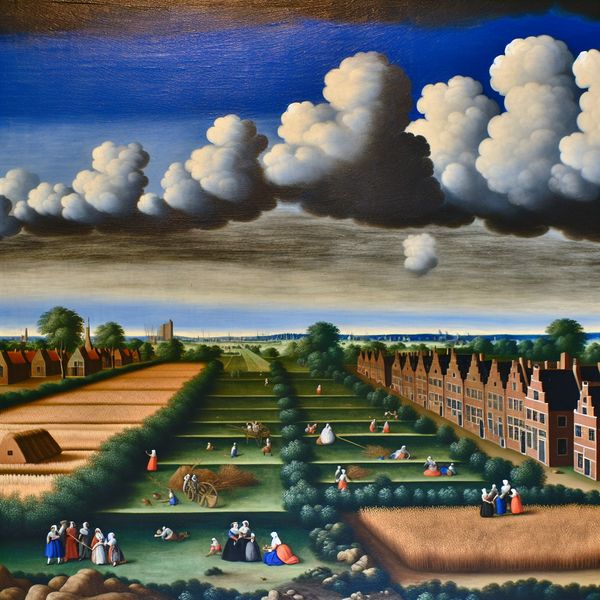Een levendig gemeenschapslandschap met betaalbare huizen onder een heldere lucht, vol met vrolijke gezinnen die activiteiten ondernemen.