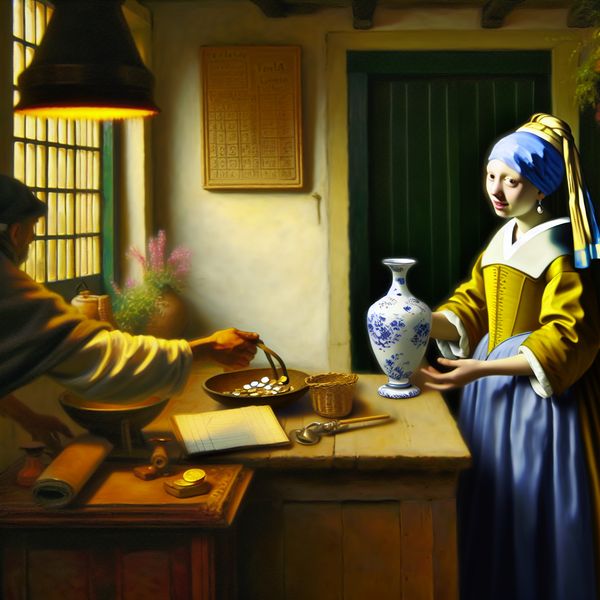 17e-eeuwse Nederlandse vrouw in blauw-gele jurk die een porseleinen vaas ruilt met een winkelier, symboliserend betalen of ruilen in een stille binnenhuisscene