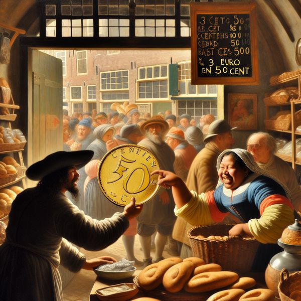 Klant betaalt met een enkele cent aan de winkelier voor een brood van 3 euro en 50 cent in een levendige Nederlandse marktscène in de stijl van Jan Steen