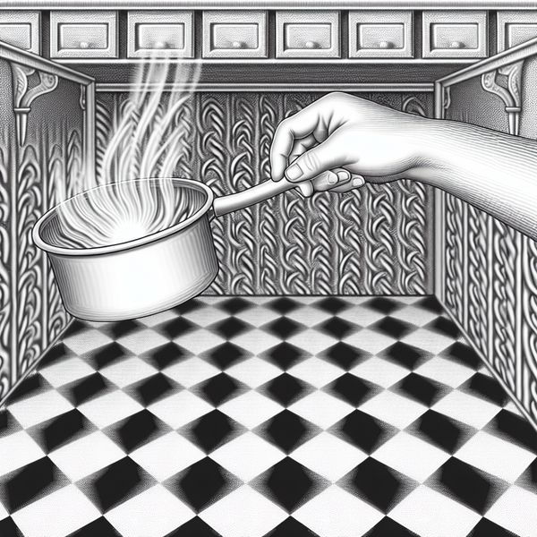 Surrealistische illustratie van een hand die per ongeluk een gloeiende rode pan aanraakt, geïnspireerd op M.C. Escher
