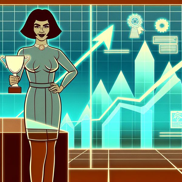 Betekenis van 'aantonen' in Nederlands: succes en bewijs visualiseren Retro-futuristische illustratie van een zelfverzekerde vrouw op een podium met een gloeiende trofee, omringd door holografische schermen met opwaartse grafieken en positieve feedback, ter illustratie van het woord 'aantonen'