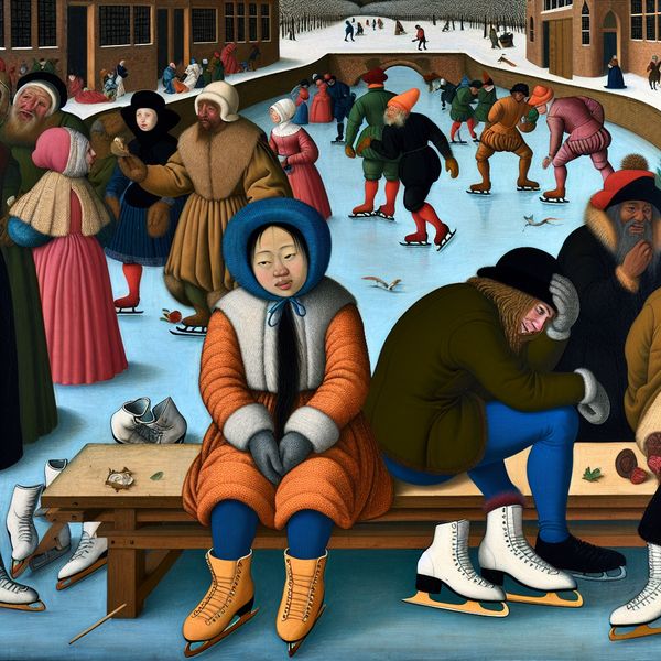 Betekenis van 'billen' uitgebeeld in historische wintertafereel met schaatsers Kind in 17e-eeuwse Nederlandse winterkleding zit op het ijs en wrijft over zijn billen, met schaatsen naast zich, in een levendige winterse grachtenscène in de stijl van Hendrick Avercamp
