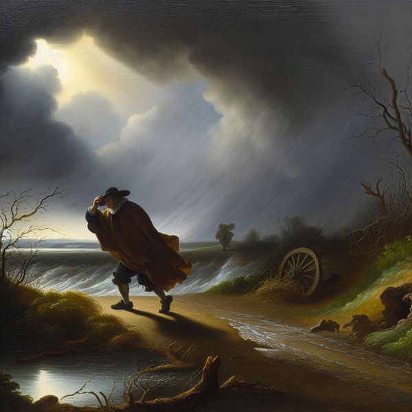 17e-eeuws Hollands landschap met een eenzame reiziger in de regen, symbool voor 'bovendien' met meerdere tegenslagen