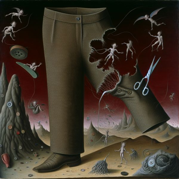 Betekenis broekspijp: surrealistisch kunstwerk met gescheurde broekspijp en fantasie-elementen Surrealistische illustratie van een gescheurde broekspijp met levendige stoftextuur en bizarre wezentjes die uit de scheur kruipen, in de stijl van Hieronymus Bosch