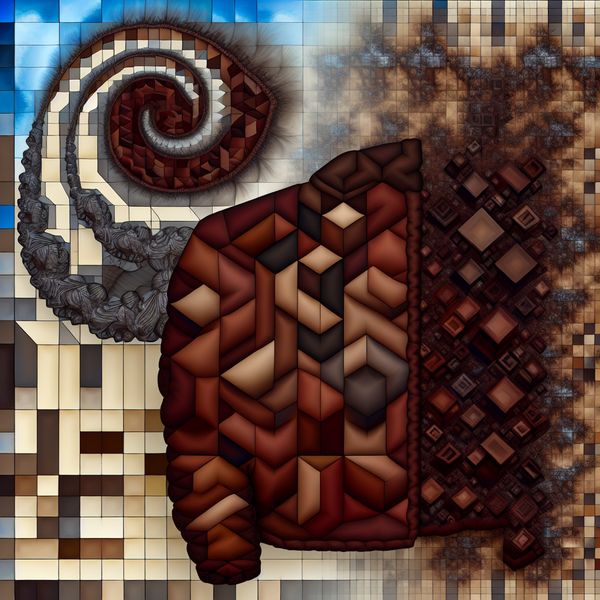 Surrealistisch kunstwerk in de stijl van M.C. Escher met een warme chocoladebruine winterjas als centraal thema, omringd door geometrische optische illusies en tessellaties