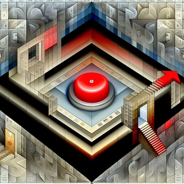 Betekenis van doel uitleggen: surrealistische visualisatie van functie en nut Surrealistische illustratie van het concept 'doel' in de stijl van M.C. Escher, met een centrale rode knop omringd door transformende documenten en optische illusies