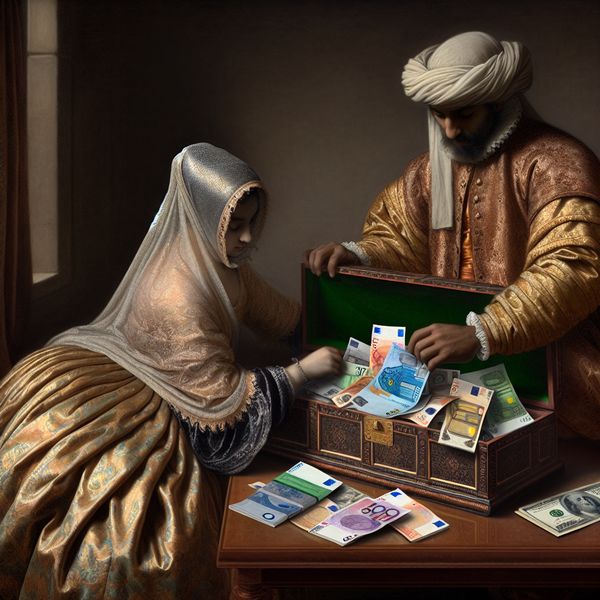 Betekenis van geld in spreektaal: informele verwijzing naar geld in het Nederlands Twee elegante figuren in een 17e-eeuws Hollands interieur met een houten kistje vol buitenlands geld, zoals dollars, euro's en yen, ter illustratie van het informele woord 'geld'