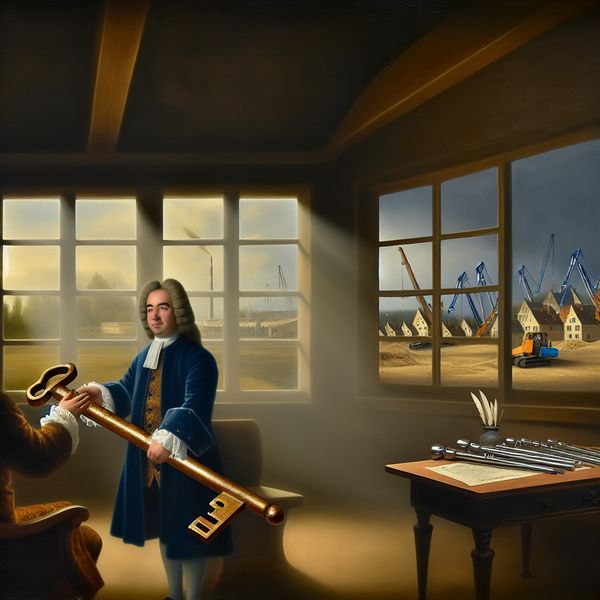 17e-eeuwse scène waarin een man een grote sleutel overhandigt aan een ander, symboliserend het huren van een object of pand, met een contract, ganzenveer en inktpot op tafel en een bouwplaats buiten