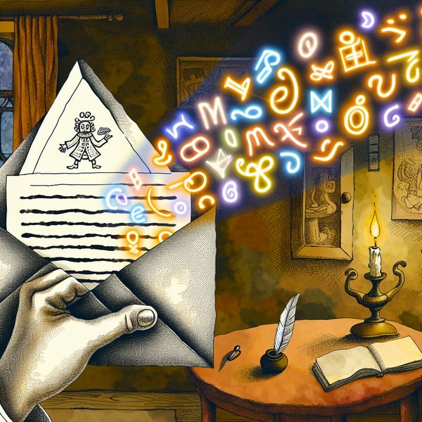 Kleurrijke cartoonhand houdt een grote envelop vast waaruit gloeiende Nederlandse letters en symbolen stromen met de zin 'In deze brief staat alles wat je moet weten'