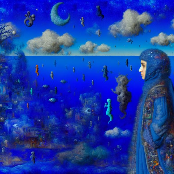 Surrealistisch landschap in de stijl van Hieronymus Bosch met een vrouw in een blauwe jas die overgaat in lucht en zee, allemaal in levendige blauwtinten