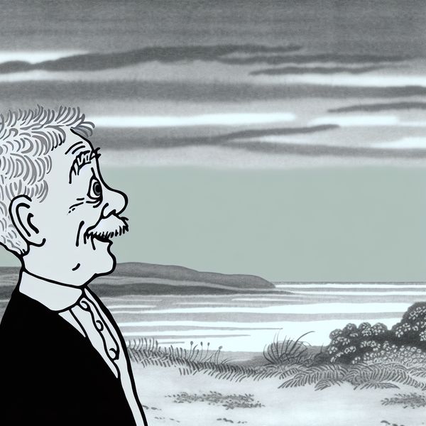 Betekenis en schoonheid van de kleur grijs in natuur en taal Cartoonachtige illustratie van een persoon met grijs haar die een serene grijze ochtendlucht bewondert, symboliserend de kleur grijs in natuur en uiterlijk