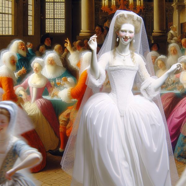 Bruid in een stralend witte jurk met kantdetails tijdens een levendige Nederlandse bruiloft in de stijl van Jan Steen, omringd door vrolijke gasten