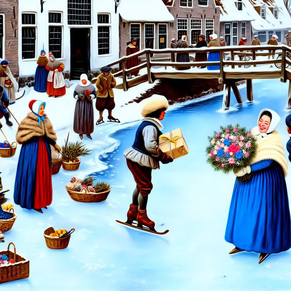 17e-eeuwse Nederlandse wintertafereel met vrolijke dorpsbewoners op een bevroren kanaal, een vrouw ontvangt een boeket bloemen als geschenk