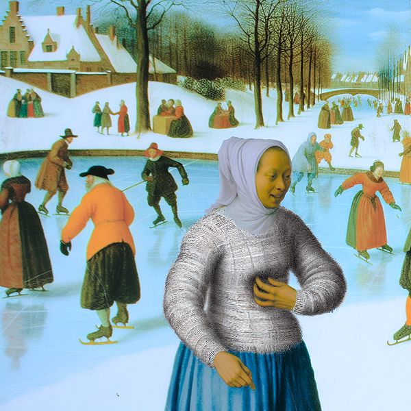 Vrouw op schaatsen in strakke trui die haar lijf benadrukt, wintertafereel in stijl van Hendrick Avercamp