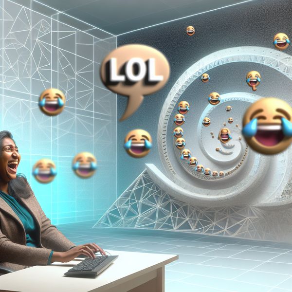 Betekenis van 'lol' in online chat: lachen om grappige berichten Surrealistisch tafereel geïnspireerd op M.C. Escher van een persoon die hard lacht achter een bureau in een chatomgeving, met oneindige trappen en geometrische patronen die 'lol' uitbeelden