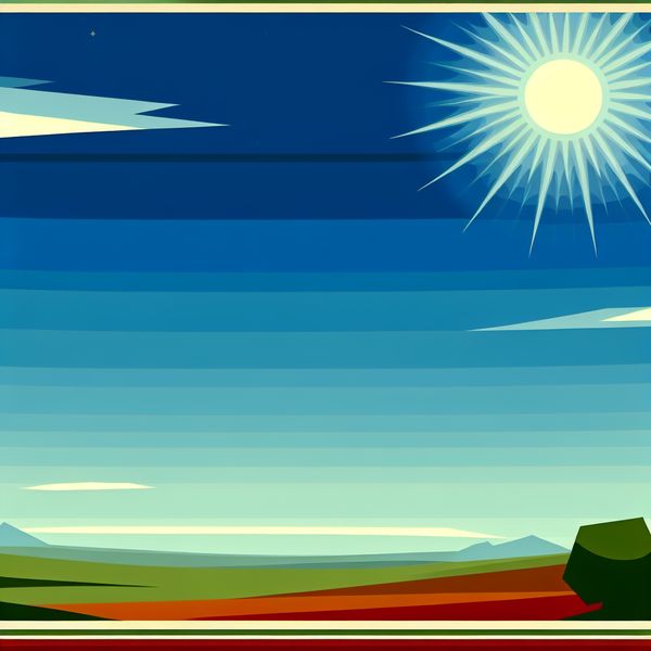 Retro-futuristische illustratie van een heldere blauwe lucht met zonneschijn boven groene heuvels, symboliserend het woord 'lucht' in het Nederlands