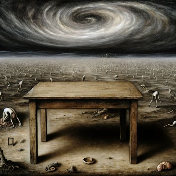 Surrealistisch tafereel van een lege houten tafel in een desolaat landschap met spookachtige wezens, symboliserend de betekenis van 'niets' en afwezigheid in de stijl van Hieronymus Bosch