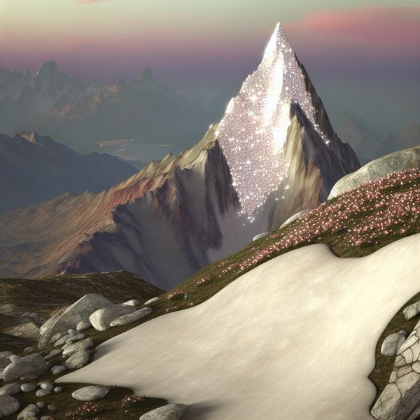 Sneeuwbedekt bergpuntje met een klein stukje glinsterende sneeuw op de spitse top, omringd door rotsen en alpenbloemen in een sprookjesachtig landschap