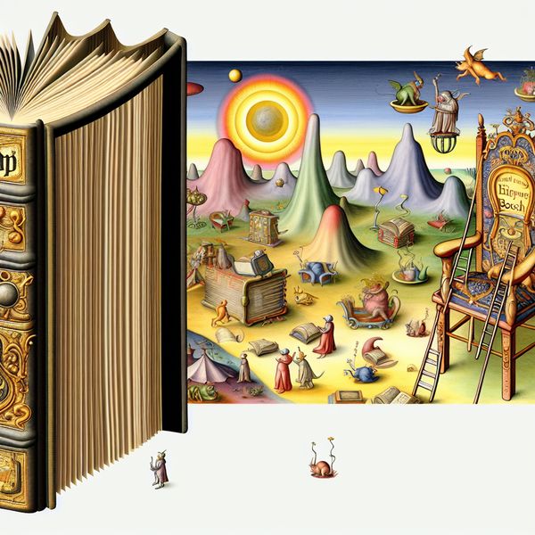 Surrealistisch tafereel van een zwevende boekrug als reusachtige structuur met klimmende wezentjes en gouden letters in een droomachtige bibliotheek