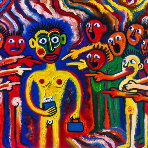 Abstracte voorstelling van een man met kinderlijke trekken die een portemonnee vasthoudt, omringd door verontwaardigde figuren in expressieve stijl van Karel Appel