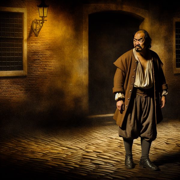 Betekenis van 'vent' in alledaagse Nederlandse taal - historische illustratie 17e-eeuwse Nederlandse man in informele kleding loopt door een straat met dramatische lichtval, illustratie van het woord 'vent'