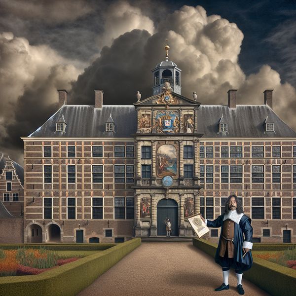 17e-eeuws Hollands landschap met een man in historische kleding voor een groot overheidsgebouw, symboliserend werk en toewijding