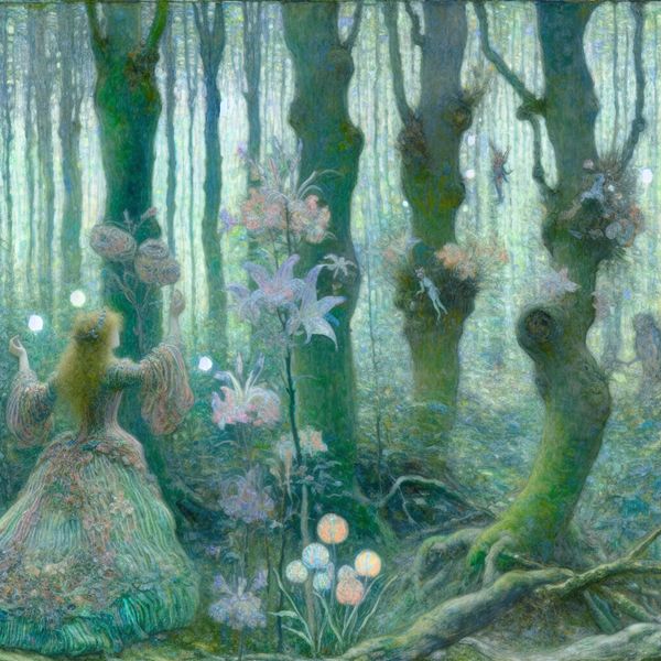 Betoverend bos met mythische wezens - illustratie Een jonge meid in een betoverend bos, omringd door mythische wezens zoals feeën en zachte dieren, met een etherische lichten door de bladeren.