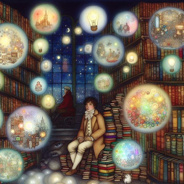 Betoverende bibliotheek vol duizend ideeën Een jong persoon in een betoverende bibliotheek, omringd door glowende boeken en kleurrijke denkballonnen met fantastische ideeën.