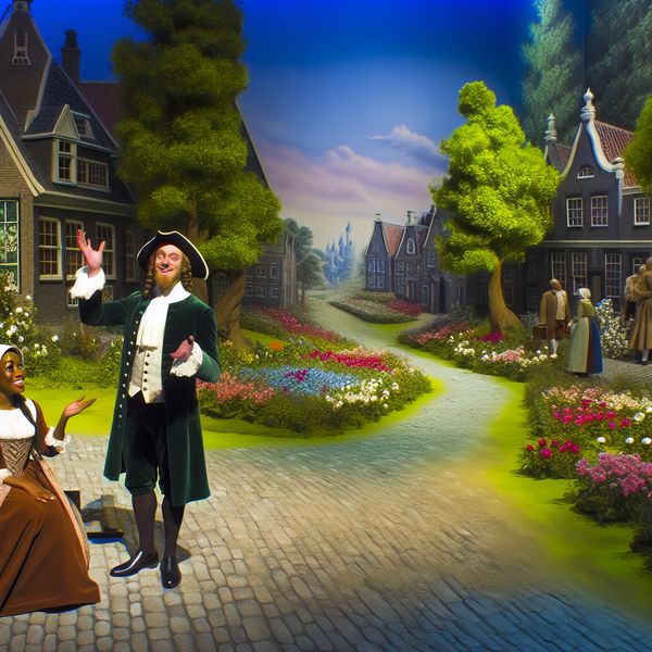 Betoverende dorpsscène met instemming tussen twee karakters Een man en een vrouw staan op een cobblestone pad in een betoverend dorp met kleurrijke bloemen en een nostalgische sfeer.
