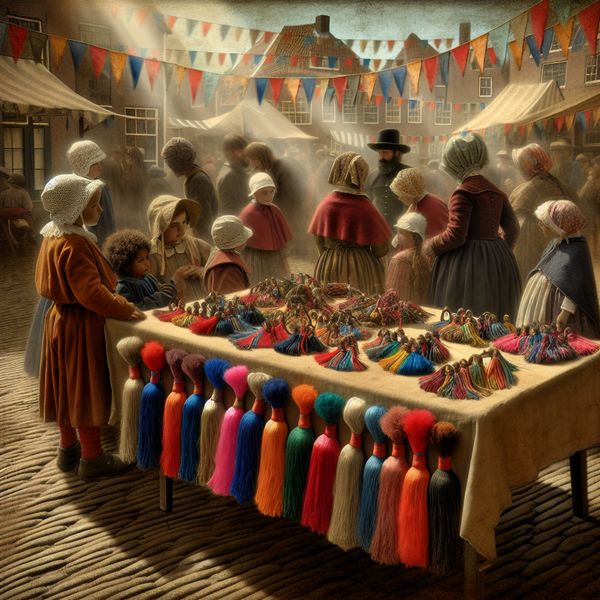 Betoverende marktscène met kleurrijke flosjes Een kleurrijke verzameling flosjes op een rustiek houten tafel in een levendige marktscène met kinderen en vrolijke dorpsbewoners die nieuwsgierig kijken.
