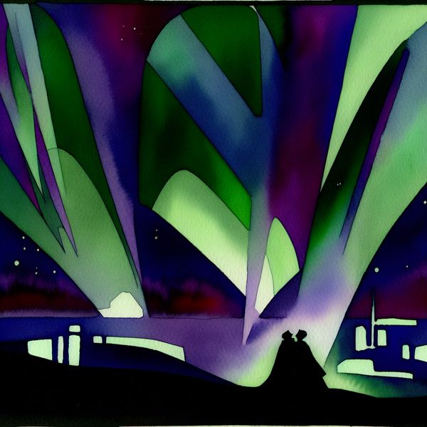 Betoverende noorderlicht illustratie in retro-futuristische stijl Retro-futuristische illustratie van het noorderlicht met geometrische patronen in groen, paars en blauw boven een betoverend landschap met silhouetten van mensen