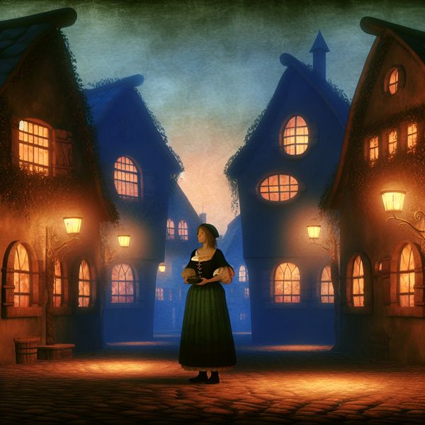Betoverende straat bij schemering geïnspireerd door Anton Pieck Een eenzame figuur in oude kleding staat in een betoverende straat bij schemering, omringd door gloeiende straatlantaarns en pittoreske huizen, geïnspireerd door Anton Pieck.
