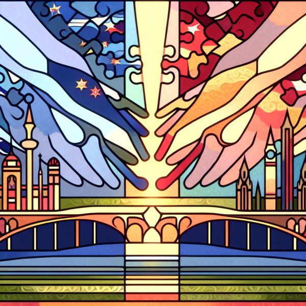 Illustratie van twee symbolische stadsgezichten of nationale monumenten verbonden door een gloeiende brug van verstrengelde handen, symbool voor vriendschappelijke betrekkingen en samenwerking tussen landen