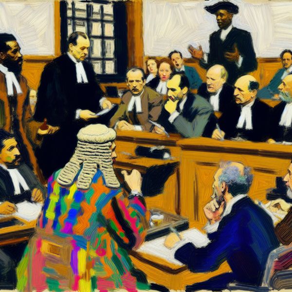 Betrokkenen in contracten en onderhandelingen: rechtszaalscène met rechter en partijen Dynamische rechtszaal met rechter en diverse betrokkenen in een conflict, geschilderd in de levendige stijl van Frans Hals