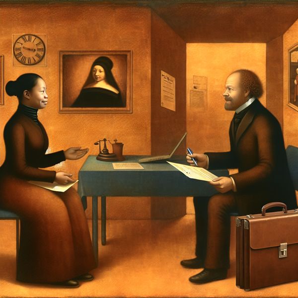 Betrouwbaarheid in een sollicitatiegesprek: professionele sfeer en oprechte indruk Illustratie van een professioneel sollicitatiegesprek met een betrouwbare kandidaat en aandachtige interviewer in warme, aardse kleuren