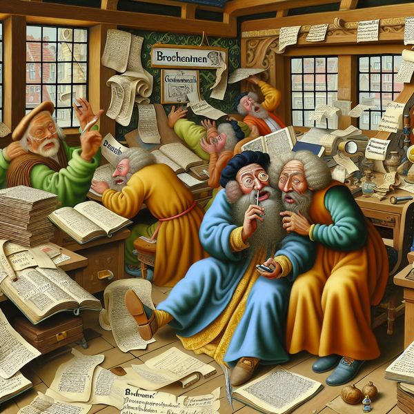 17e-eeuwse Nederlandse studeerkamer met een geleerde die informatie uit betrouwbare bronnen verzamelt, in de levendige stijl van Jan Steen