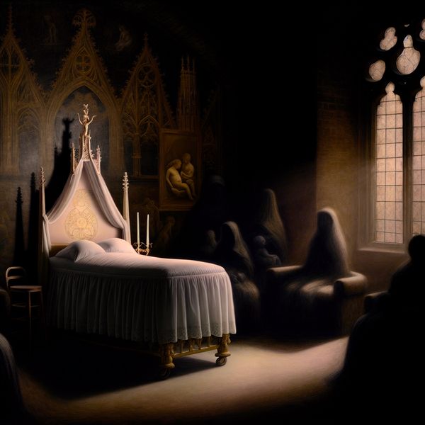 Een donker verlichte ziekenhuiskamer met een prachtig versierd bevallingsbed in het centrum, omgeven door schaduwen en gothic details, en silhouetten van bezorgde familieleden op de achtergrond.