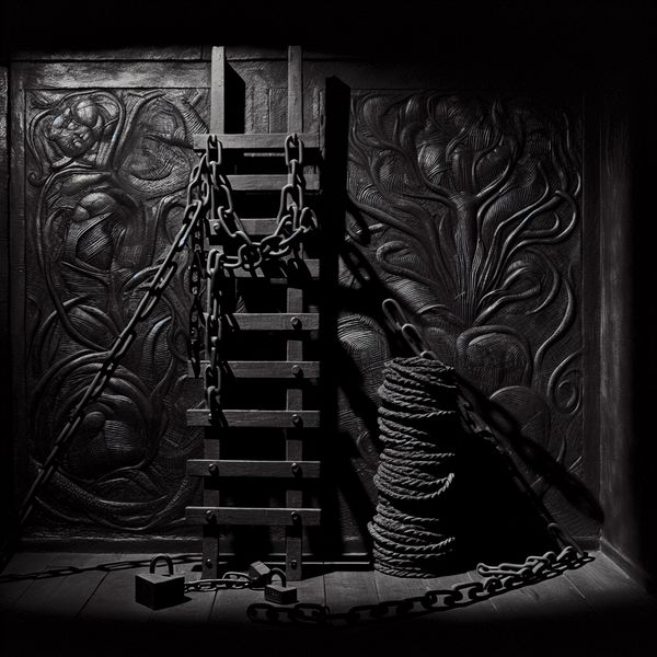Een stevige ladder leunt tegen een schaduwachtige muur, beveiligd met kettingen en sloten, omgeven door mysterieuze voorwerpen.