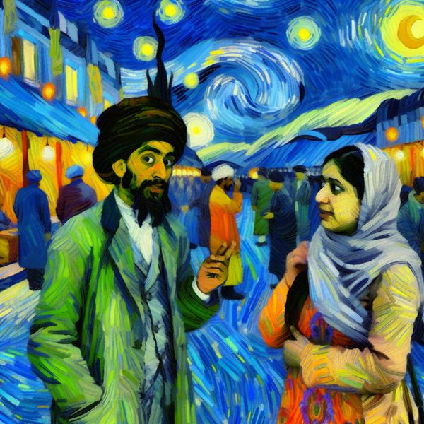 Twee mensen in gesprek in een levendige stad, waarbij de ene persoon bevestigt met 'Inderdaad' in Van Goghs stijl