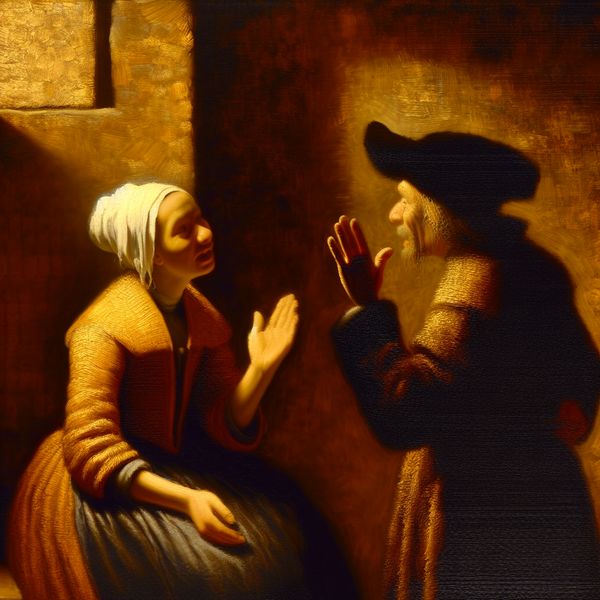 Bevestiging in gesprek: historische scène met 'inderdaad' in Rembrandt-stijl Twee personen in een 17e-eeuws Hollands interieur bevestigen elkaar met de uitspraak 'inderdaad', verlicht door dramatisch clair-obscur in Rembrandt-stijl
