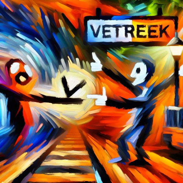 Bevestiging en overeenstemming in expressieve kunststijl - Taal leren Nederlands Abstracte voorstelling van bevestiging met twee figuren bij een vertrekbord op een treinstation, geschilderd in expressieve stijl met felle kleuren en dikke penseelstreken